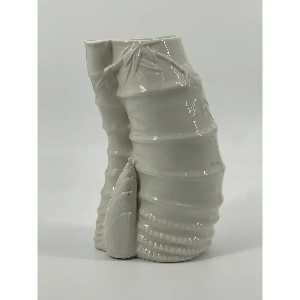 VTG Porcelain Asian Vase Vessel Bamboo Design White Blanc de Chine Glossy 10in